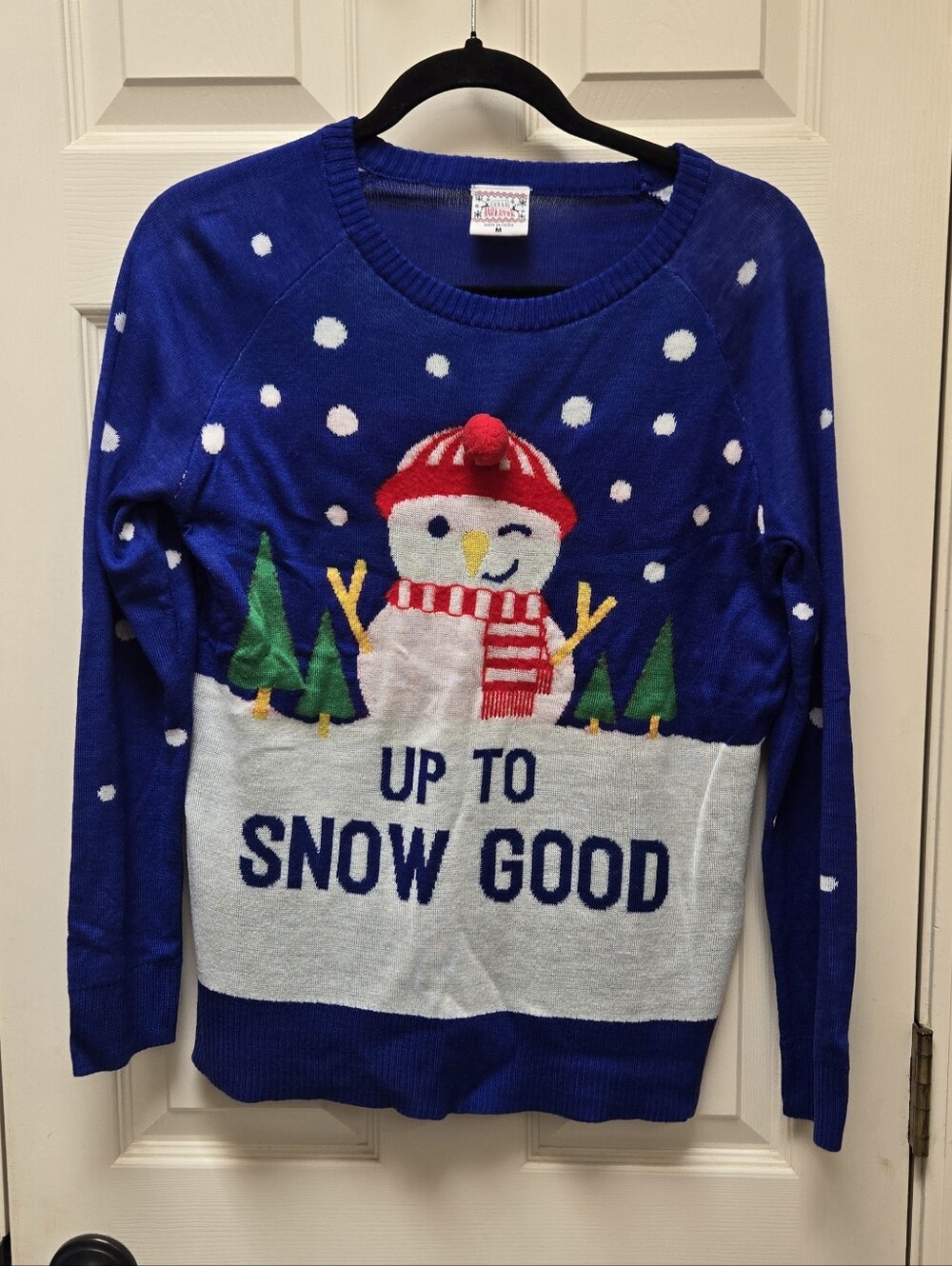 Well Worn Blue Christmas Snowman Sweater with Red and White Accents, Medium